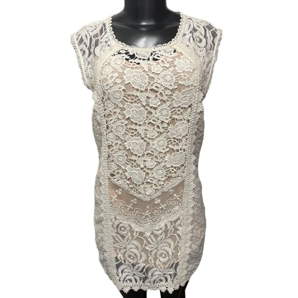 XS Champagne & Strawberry Lace Mini Dress Buttons Lined Ivory Nude Lining - Picture 2 of 11